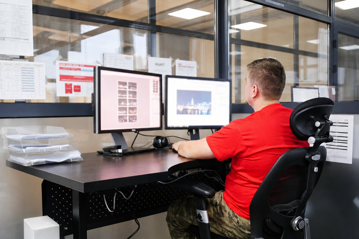 VOIGT employee controlling artwork at a prepress workstation
