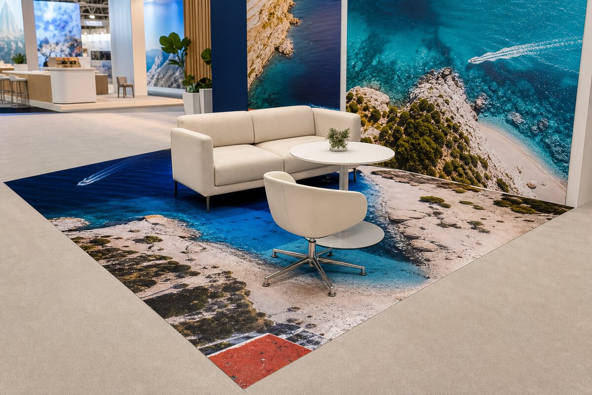 Custom photographic carpet defining a travel exhibition lounge