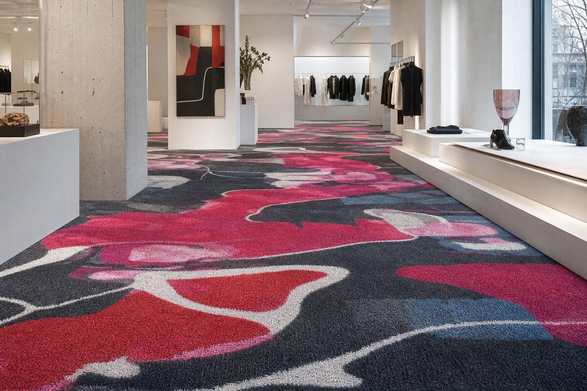 Custom-printed commercial carpet in a contemporary retail interior
