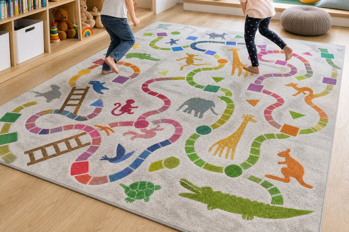 Children using a printed activity carpet in a bright play space