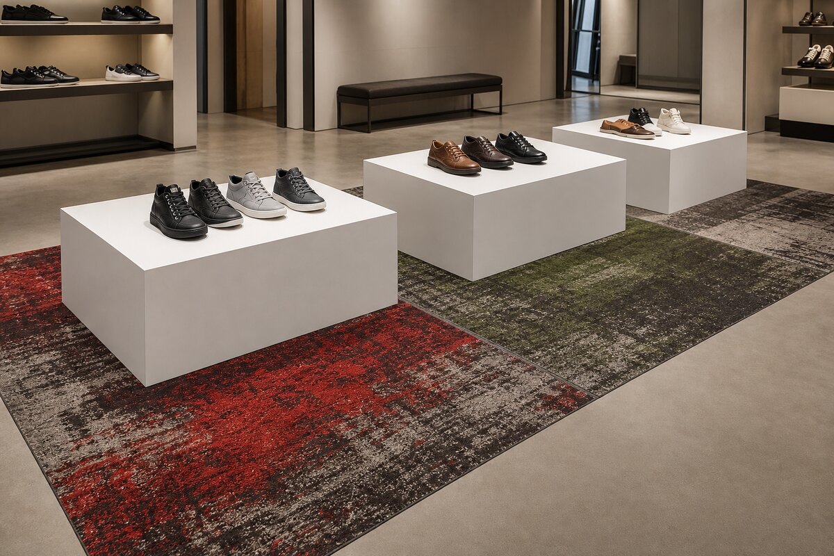 Custom-printed carpet defining footwear displays in a modern shop
