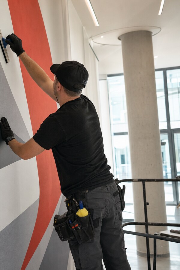 Installer applying a large-format wall graphic