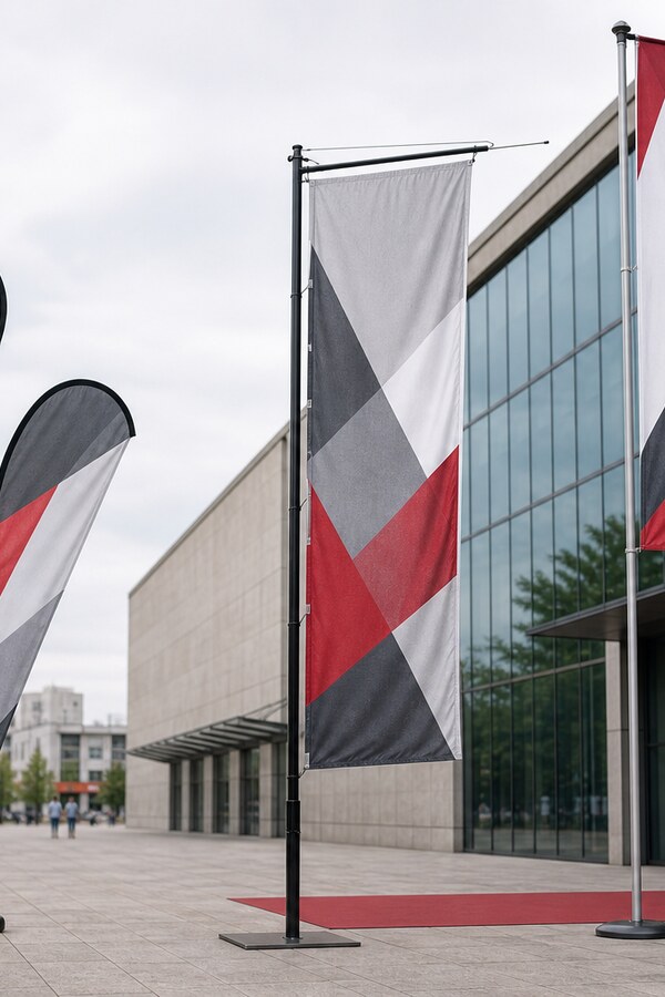 Printed flag systems outside a modern venue