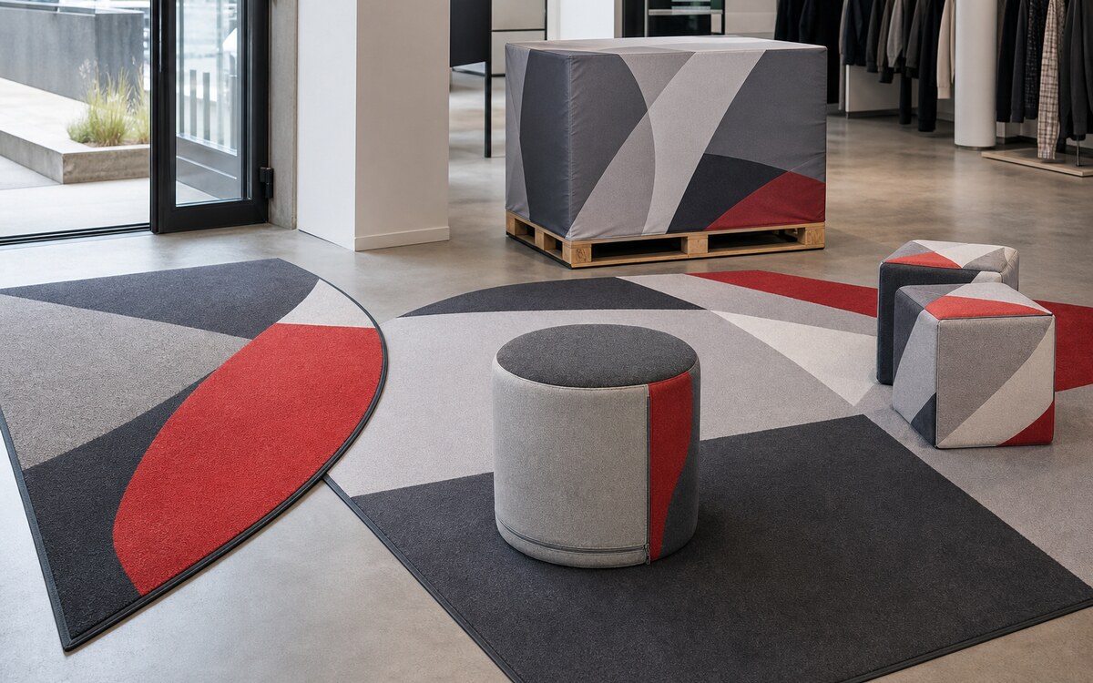 Printed floor mats, pallet cover, pouffe and cubes