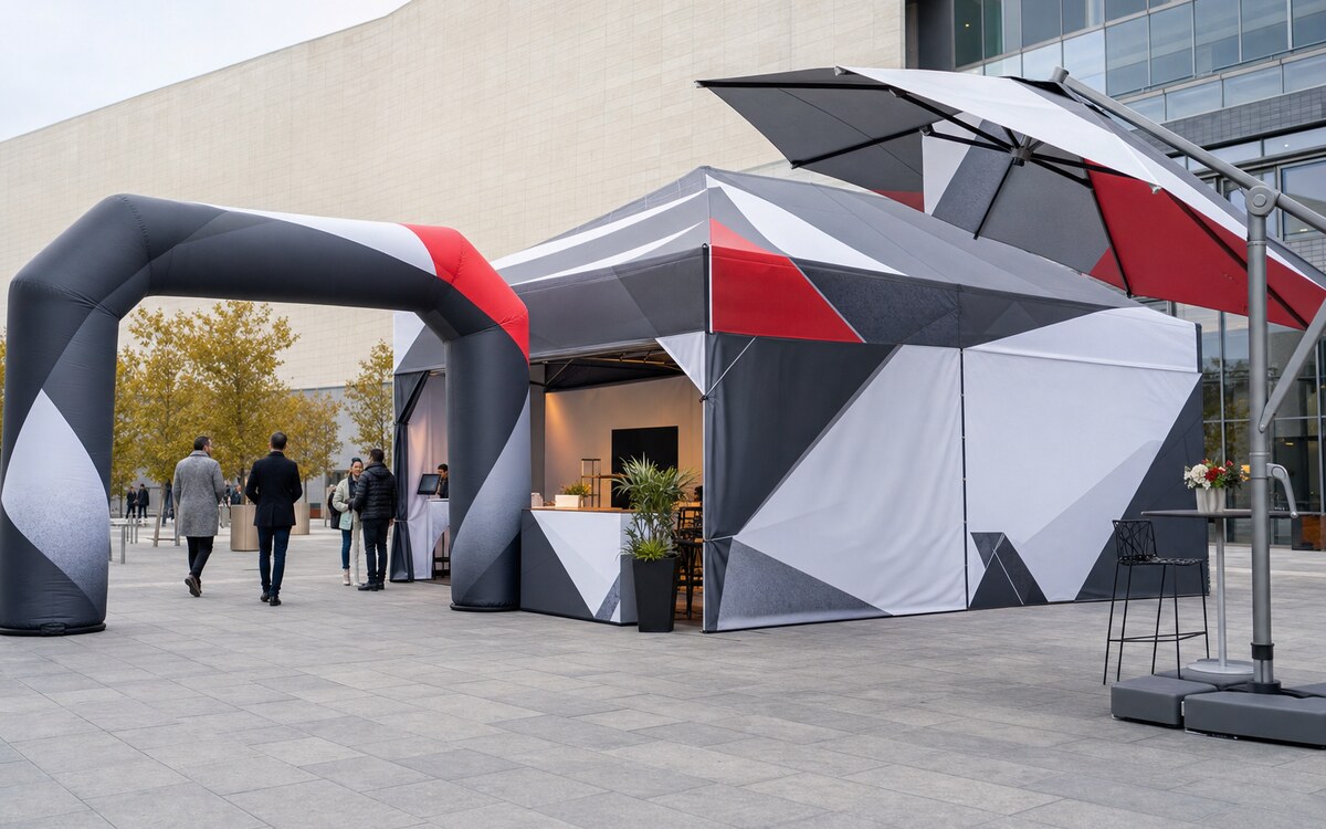 Printed tent, inflatable arch and parasol at an outdoor event
