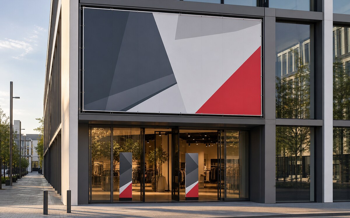 Facade banner system and printed retail gate covers