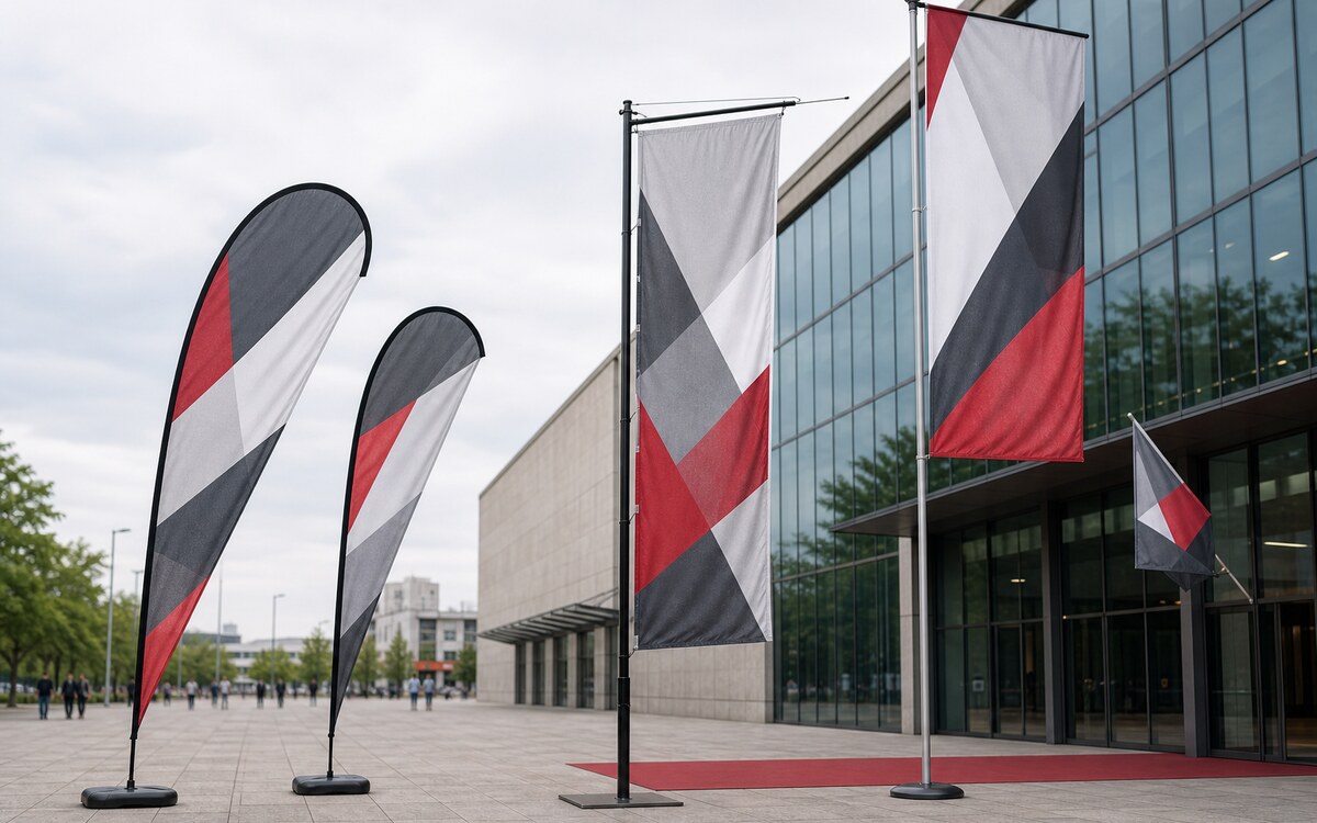 Printed textile flag systems outside a modern venue