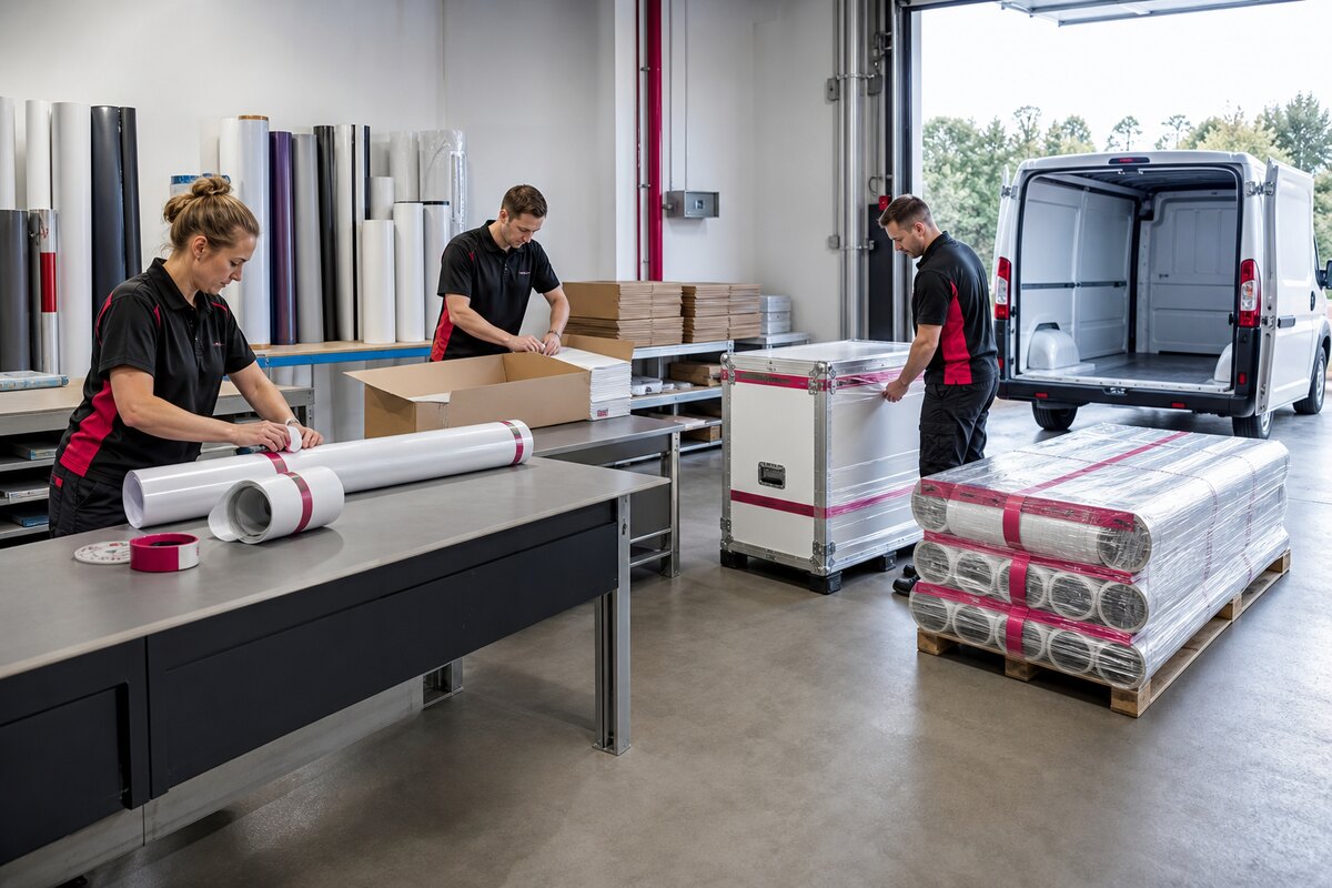 Large-format graphics being packed and staged for delivery