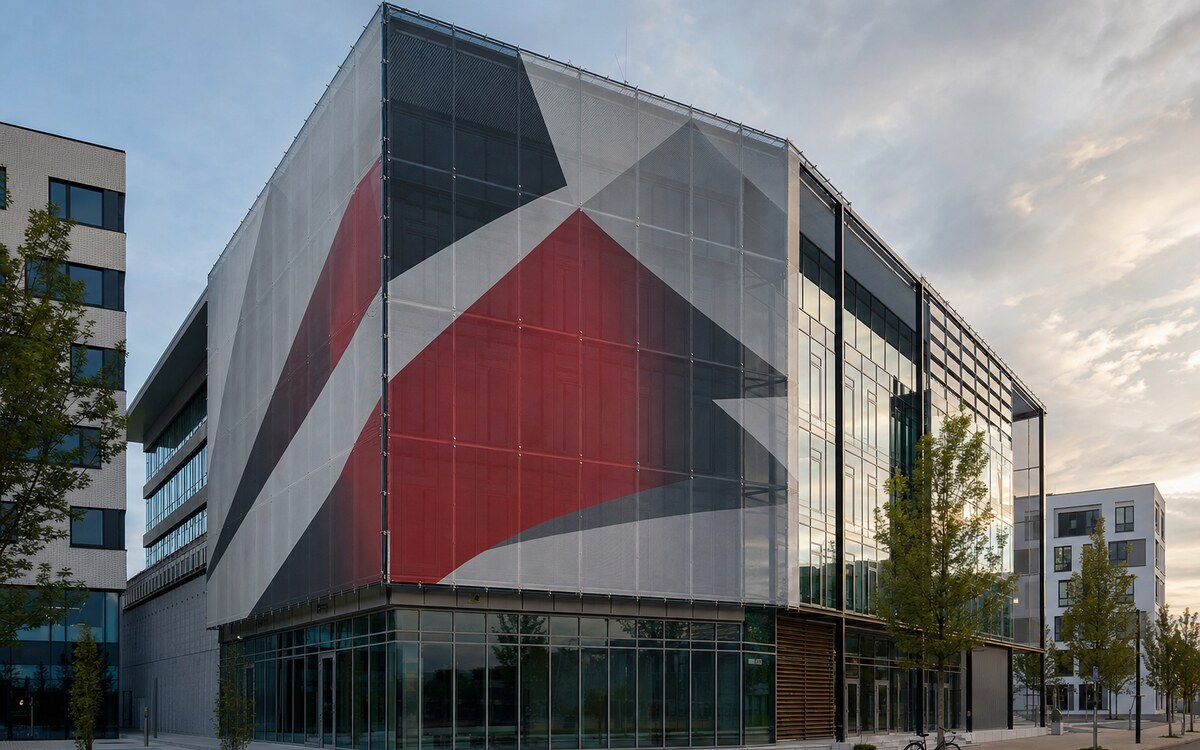 Commercial building wrapped in a tensioned printed facade