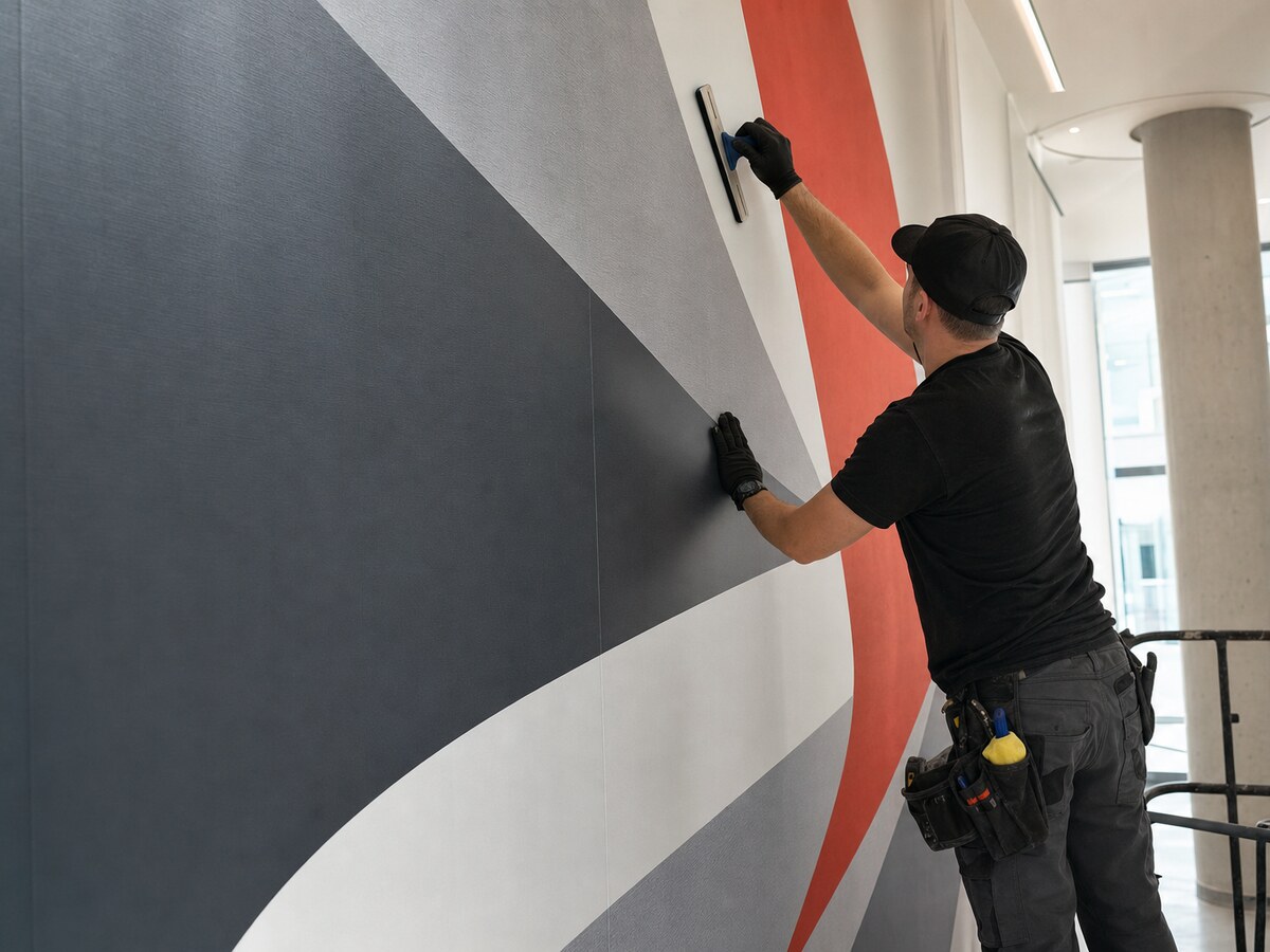 Specialist installing a large-format wall graphic