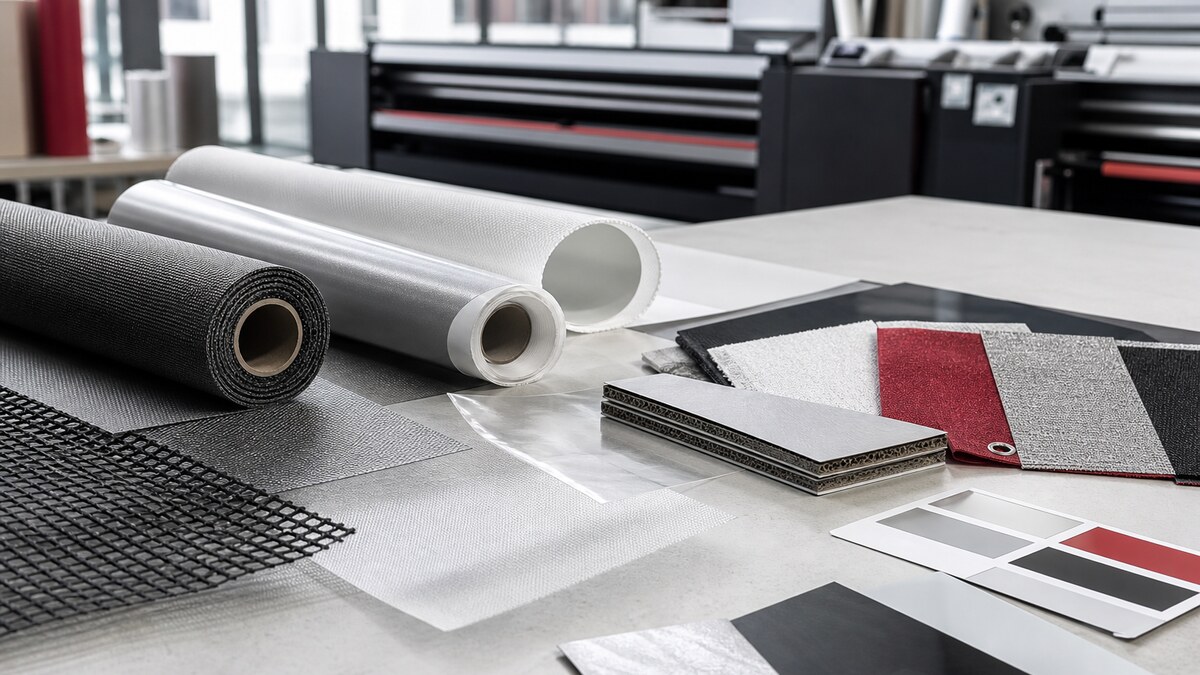 Vinyl, textile, mesh and rigid-board samples for large-format printing